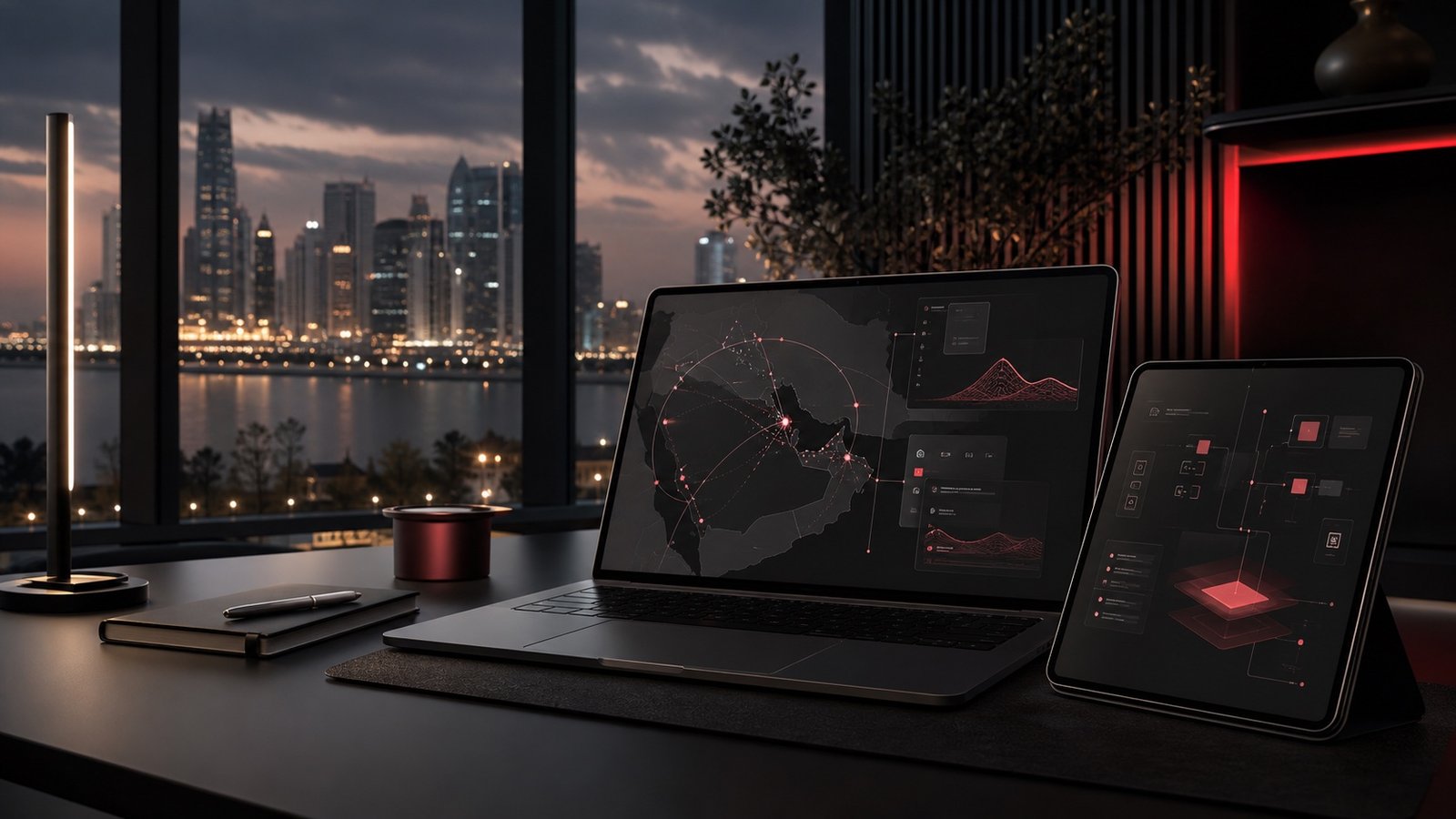 Digital product work displayed on multiple devices in a Gulf city setting